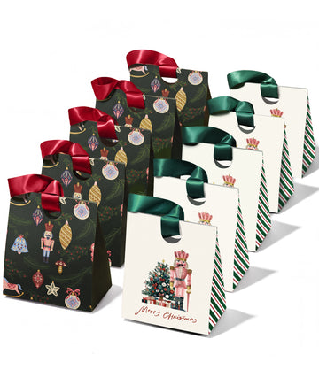 Christmas Small Paper Gift Bags with Ribbon Handles — Set of 10