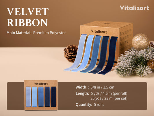 Vitalizart Velvet Ribbon 5/8" x 25 Yd, Christmas Ribbon Set, Rustic Gift Wrapping Ribbon for Crafts, Bows & Holiday Decor (Navy & Dusty Blue) - Vitalizart