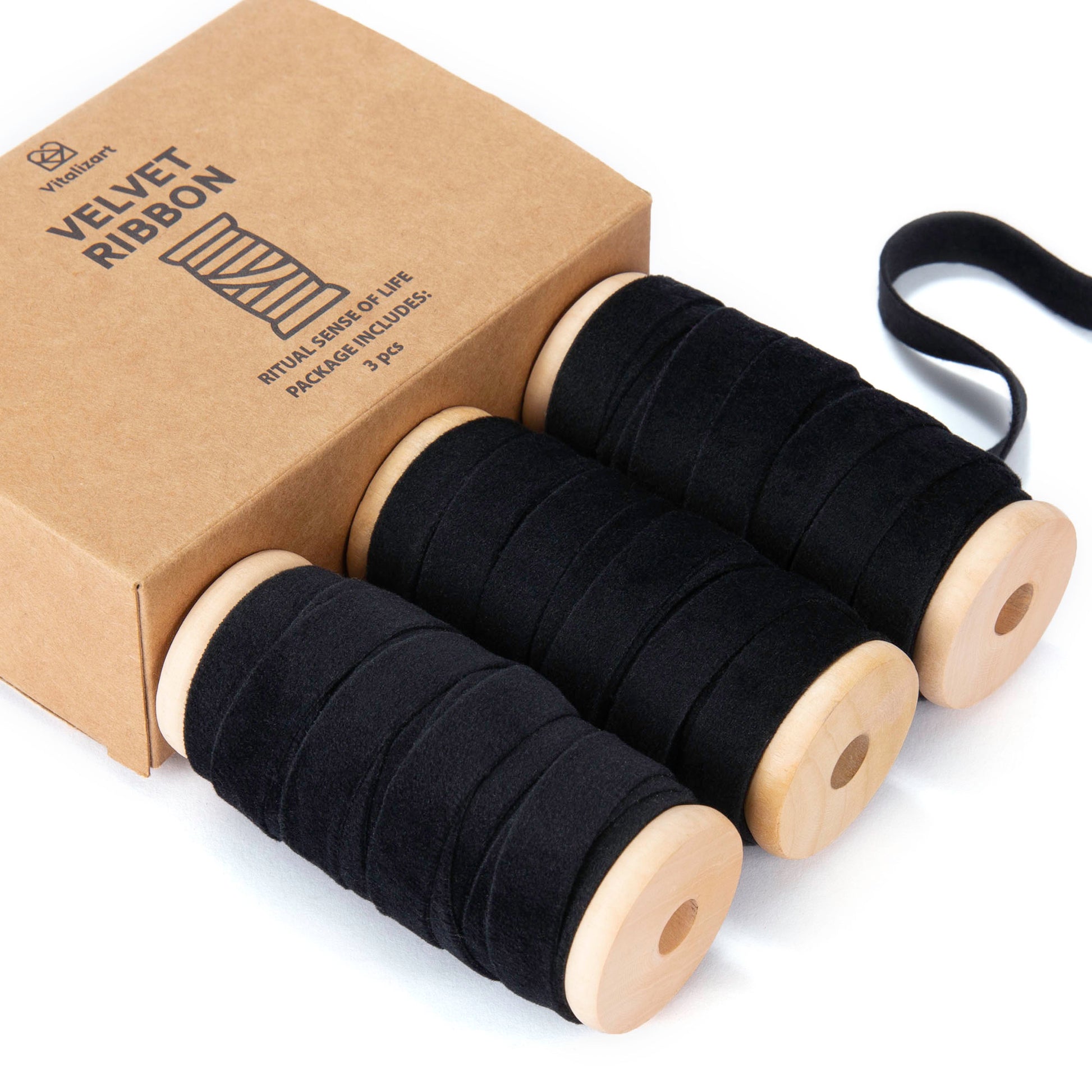 Velvet Ribbon With Wooden Spool 3/8" x 15 Yd (Black) - Vitalizart
