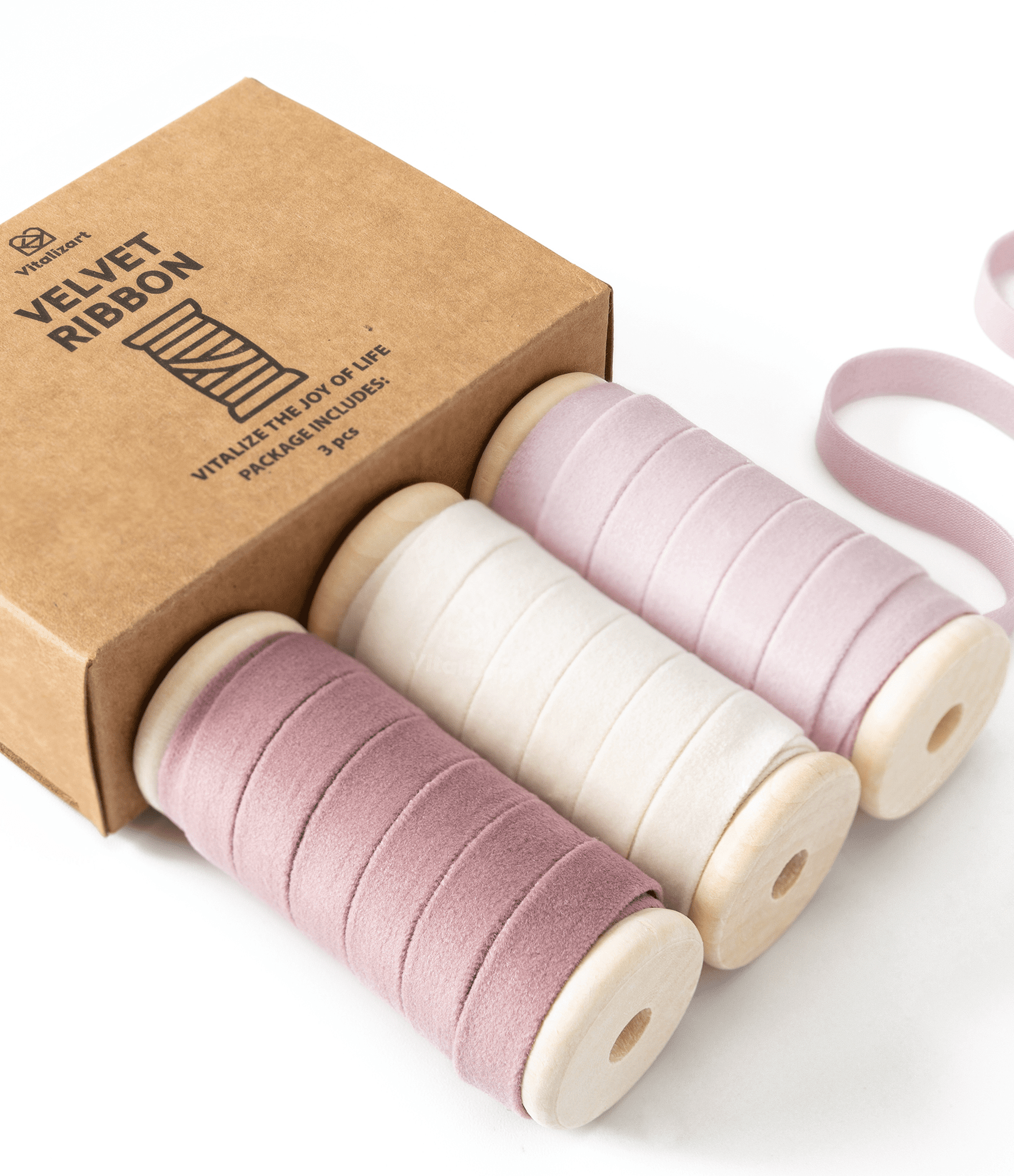 Velvet Ribbon With Wooden Spool 3/8" x 15 Yd (Pink & White) - Vitalizart
