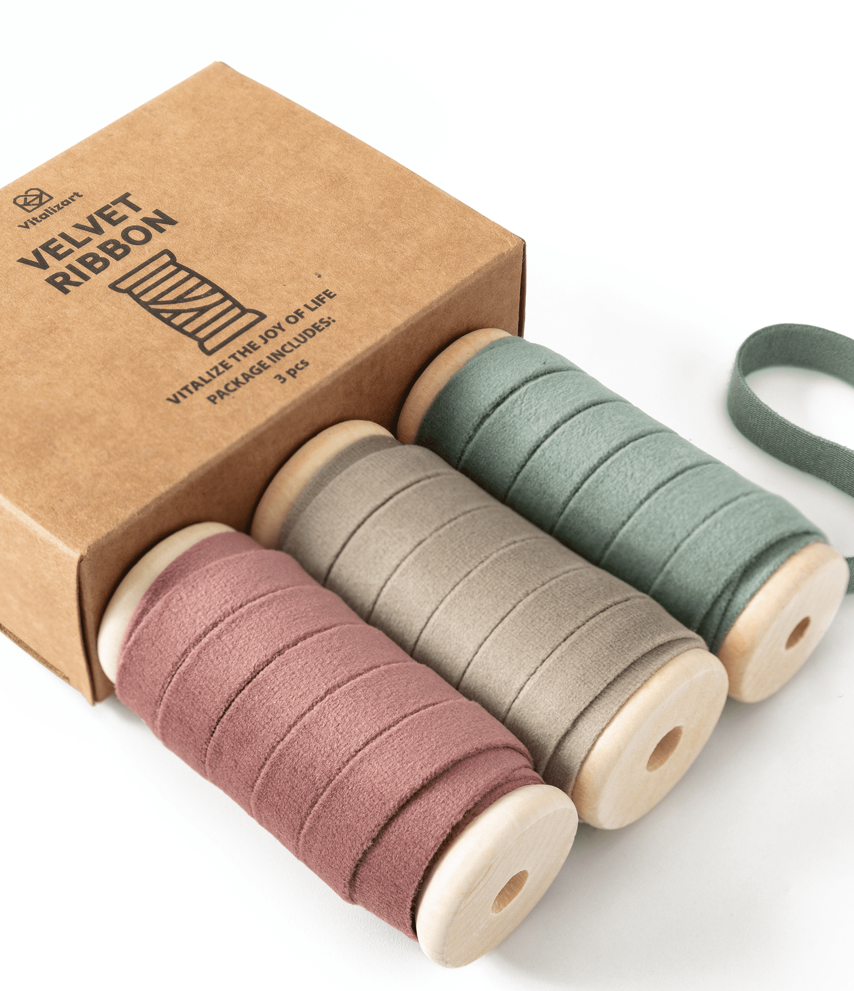 Velvet Ribbon With Wooden Spool 3/8" x 15 Yd (Red & Green) - Vitalizart