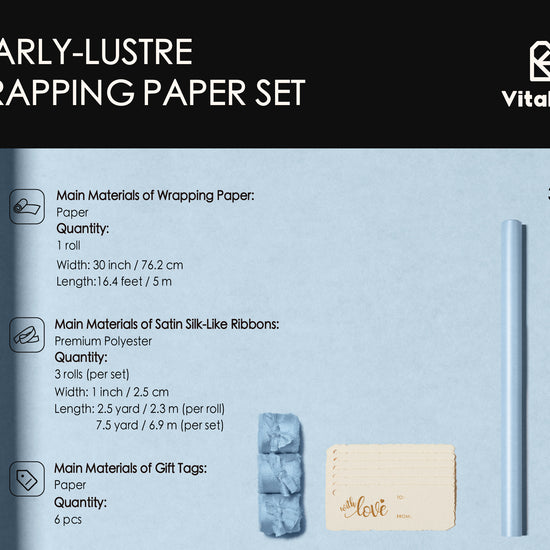 Wrapping Paper Set 30"x197" Pearly-Lustre With Silk Like Satin Ribbon & Gift Tags (Dusty Blue Paper & Dusty Blue Ribbons) - Vitalizart