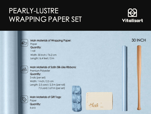 Wrapping Paper Set 30"x197" Pearly-Lustre With Silk Like Satin Ribbon & Gift Tags (Dusty Blue Paper & Dusty Blue Ribbons) - Vitalizart