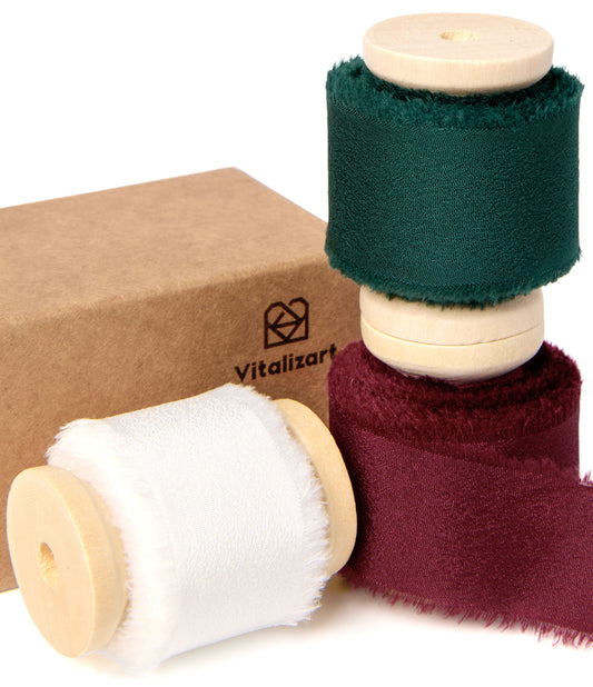 Frayed Fringe Crepe Silk Satin Ribbon 1" x 21 Yard (Red Green White)