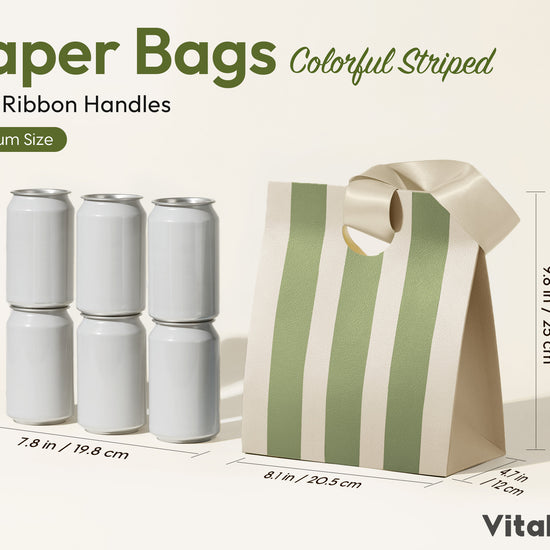 Mixed-Color Striped Paper Medium Gift Bags with Ribbon Handles — Set of 10 - Vitalizart