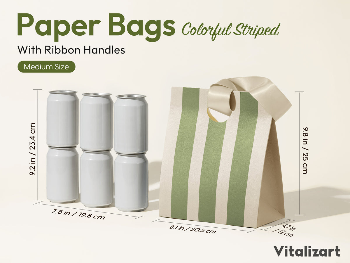 Mixed-Color Striped Paper Medium Gift Bags with Ribbon Handles — Set of 10 - Vitalizart