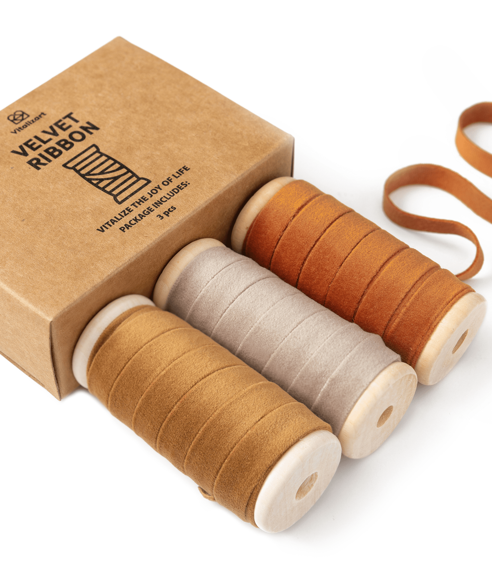 Velvet Ribbon With Wooden Spool 3/8" x 15 Yd (Khaki Terracotta & Nude) - Vitalizart