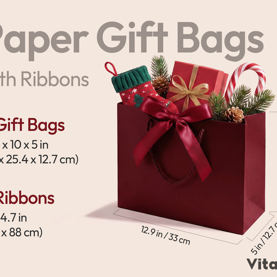 Burgundy Red Large Paper Gift Bags with Ribbon Bows — Set of 4 - Vitalizart