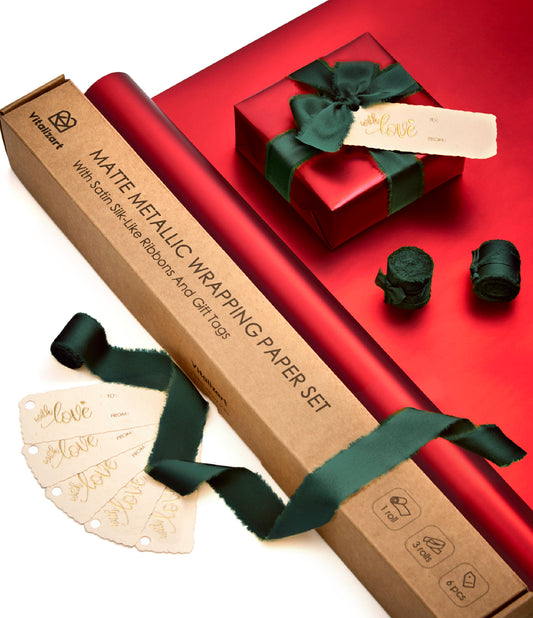 WRAPPING PAPER SET 17"X197" MATTE METALLIC WITH SILK SATIN RIBBON & GIFT TAGS FOR BABY (RED PAPER &GREEN RIBBONS)