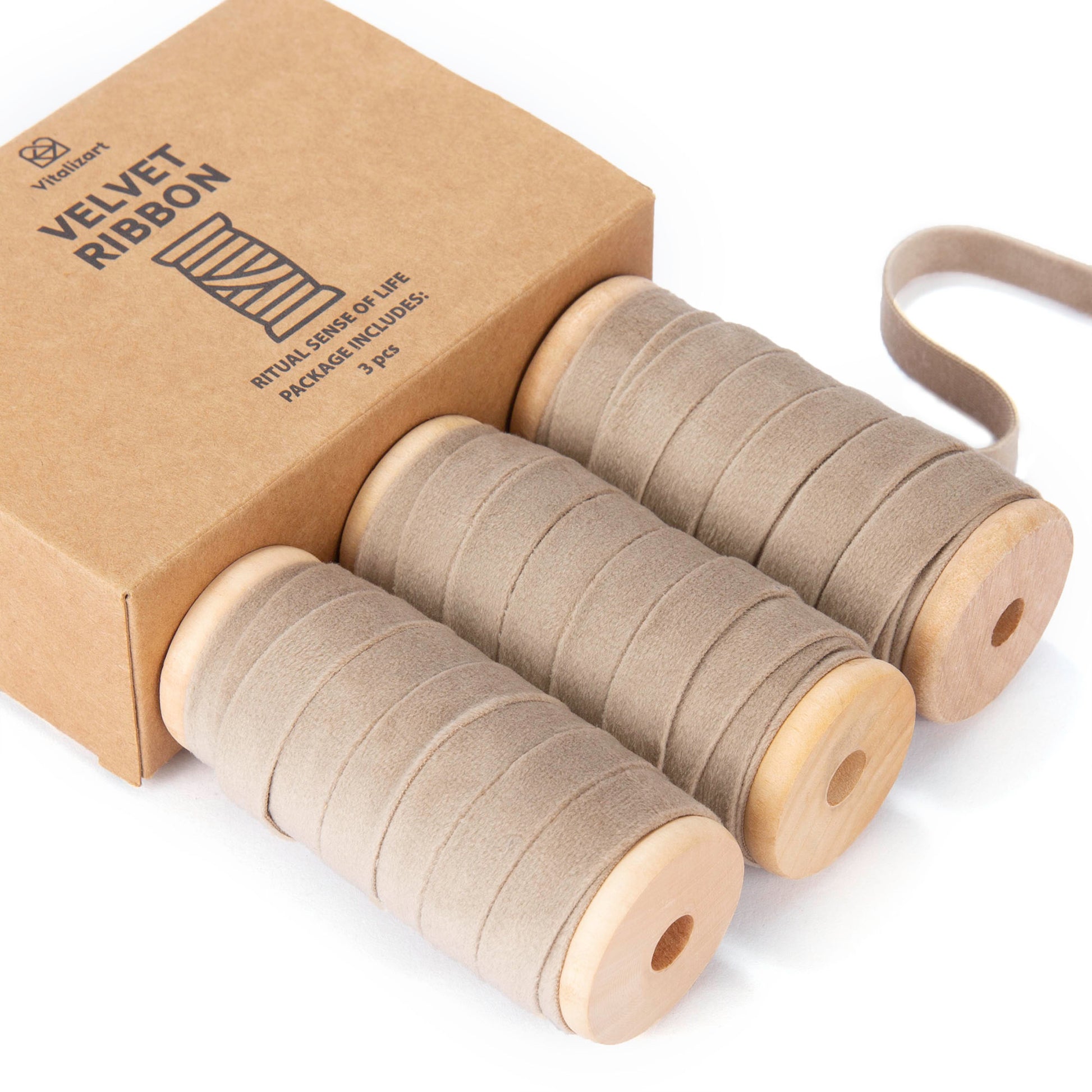 Velvet Ribbon With Wooden Spool 3/8" x 15 Yd (Camel) - Vitalizart