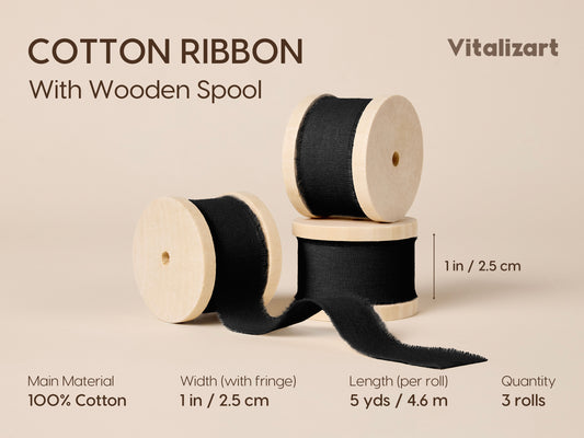 Vitalizart Ribbon Cotton Handmade Fringe 1" x 15 Yd Pure Natural Cotton Ribbons (Black) - Vitalizart
