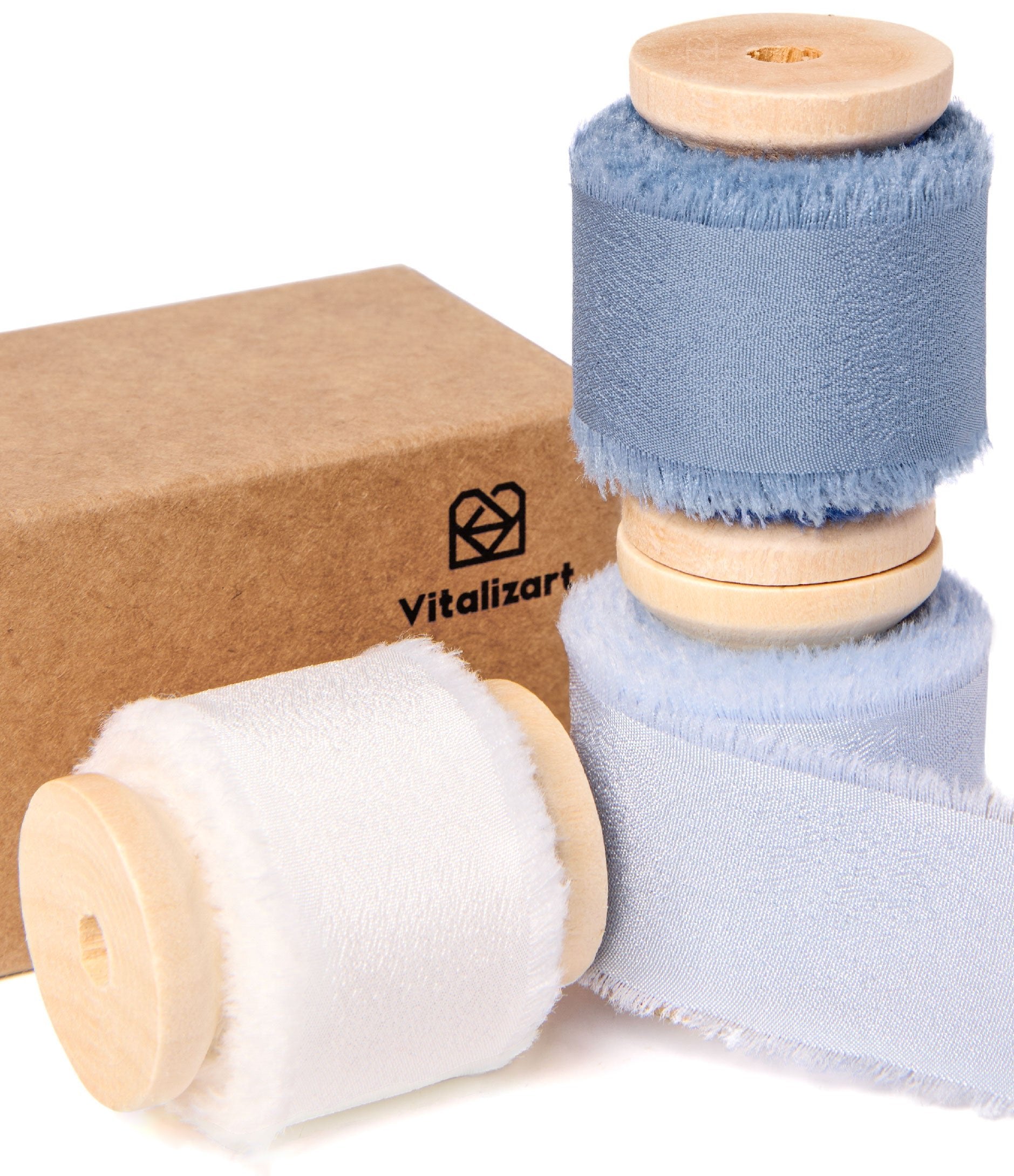 Frayed Fringe Crepe Silk Satin Ribbon 1" x 21 Yard (Blue & White) - Vitalizart