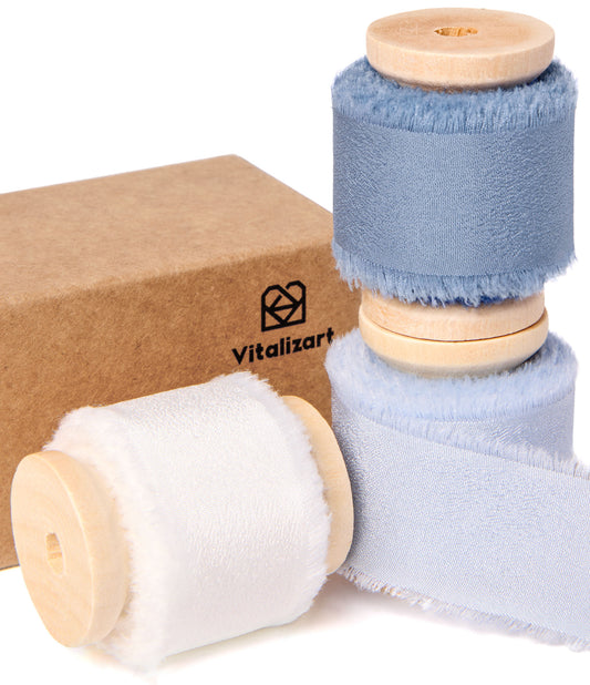 Frayed Fringe Crepe Silk Satin Ribbon 1" x 21 Yard (Blue & White)
