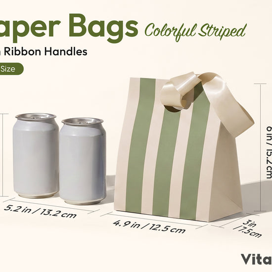 Mixed-Color Striped Paper Mini Gift Bags with Ribbon Handles — Set of 10 - Vitalizart