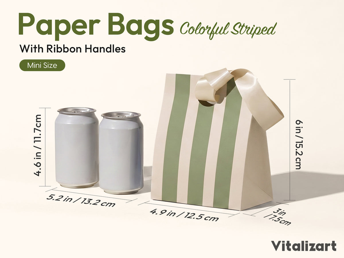 Mixed-Color Striped Paper Mini Gift Bags with Ribbon Handles — Set of 10 - Vitalizart