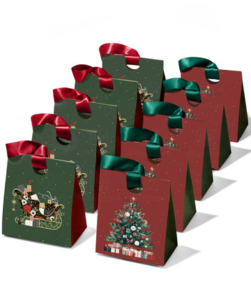 Christmas Small Paper Gift Bags with Ribbon Handles — Set of 10