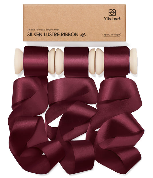Vitalizart Silken Lustre Ribbon 1" x 15 Yards, Champagne & Nude Silky Satin Ribbon with Subtle Sheen (Burgundy) - Vitalizart