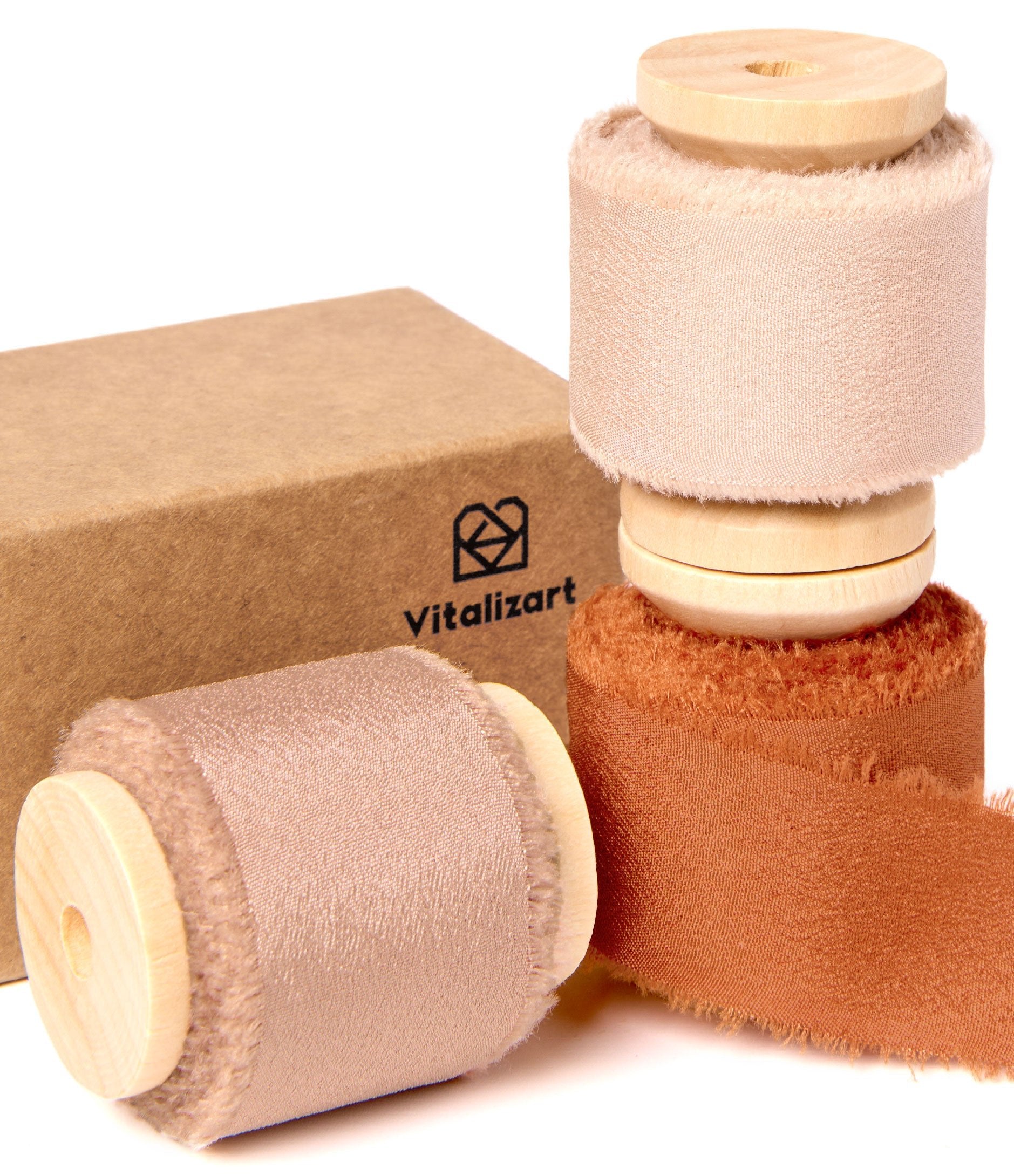 Frayed Fringe Crepe Silk Satin Ribbon 1" x 21 Yard (Nude & Orange) - Vitalizart
