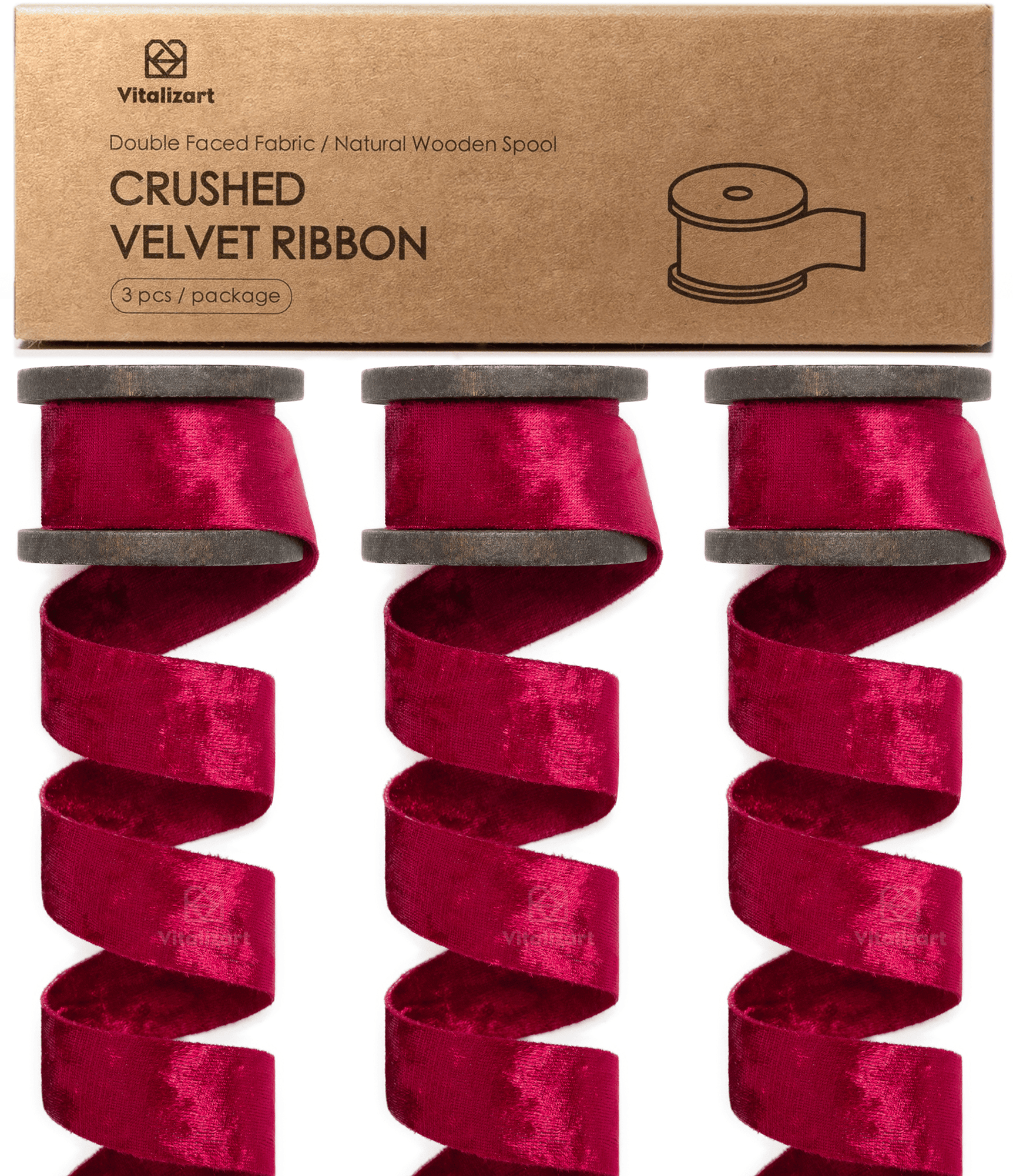 Deluxe Velvet Ribbon Set With Wooden Spool 1" x 9Yd (Red) - Vitalizart