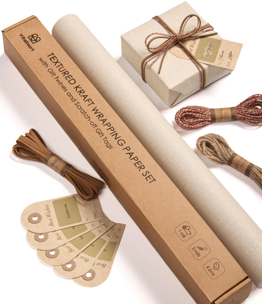 Vitalizart Textured Wrapping Paper Set 17" Roll Twine Ribbons & Tags Eco-Friendly Extra Thick (Beige Paper & Twine Ribbons Set)