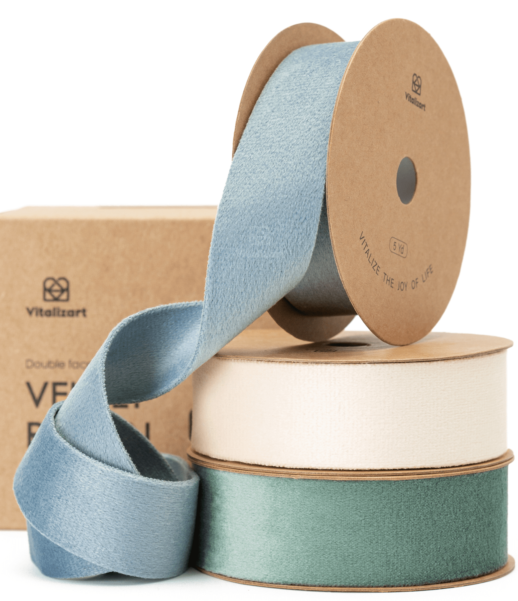 Double Faced Velvet Ribbon Set 1" x 15 Yd (Ivory & Dusty Green & Dusty Blue) - Vitalizart