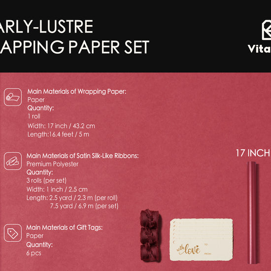 Wrapping Paper Set 17"x197" Pearly-Lustre With Silk Like Satin Ribbon & Gift Tags (Burgundy Paper & Burgundy Ribbons) - Vitalizart