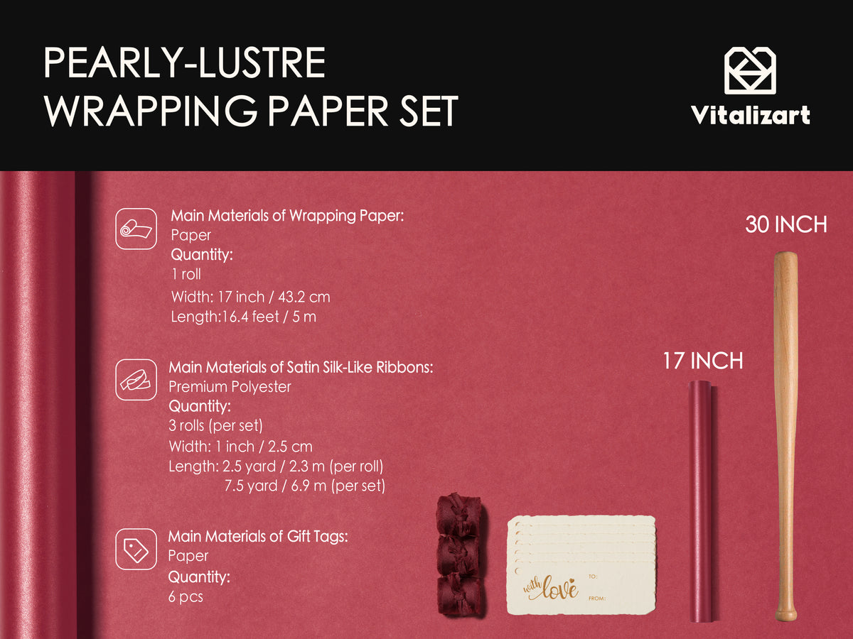 Wrapping Paper Set 17"x197" Pearly-Lustre With Silk Like Satin Ribbon & Gift Tags (Burgundy Paper & Burgundy Ribbons) - Vitalizart