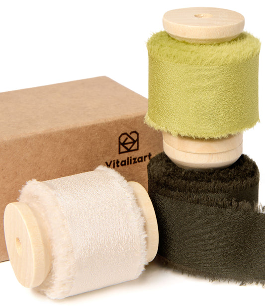 Frayed Fringe Crepe Silk Satin Ribbon 1" x 21 Yard (Green & White)