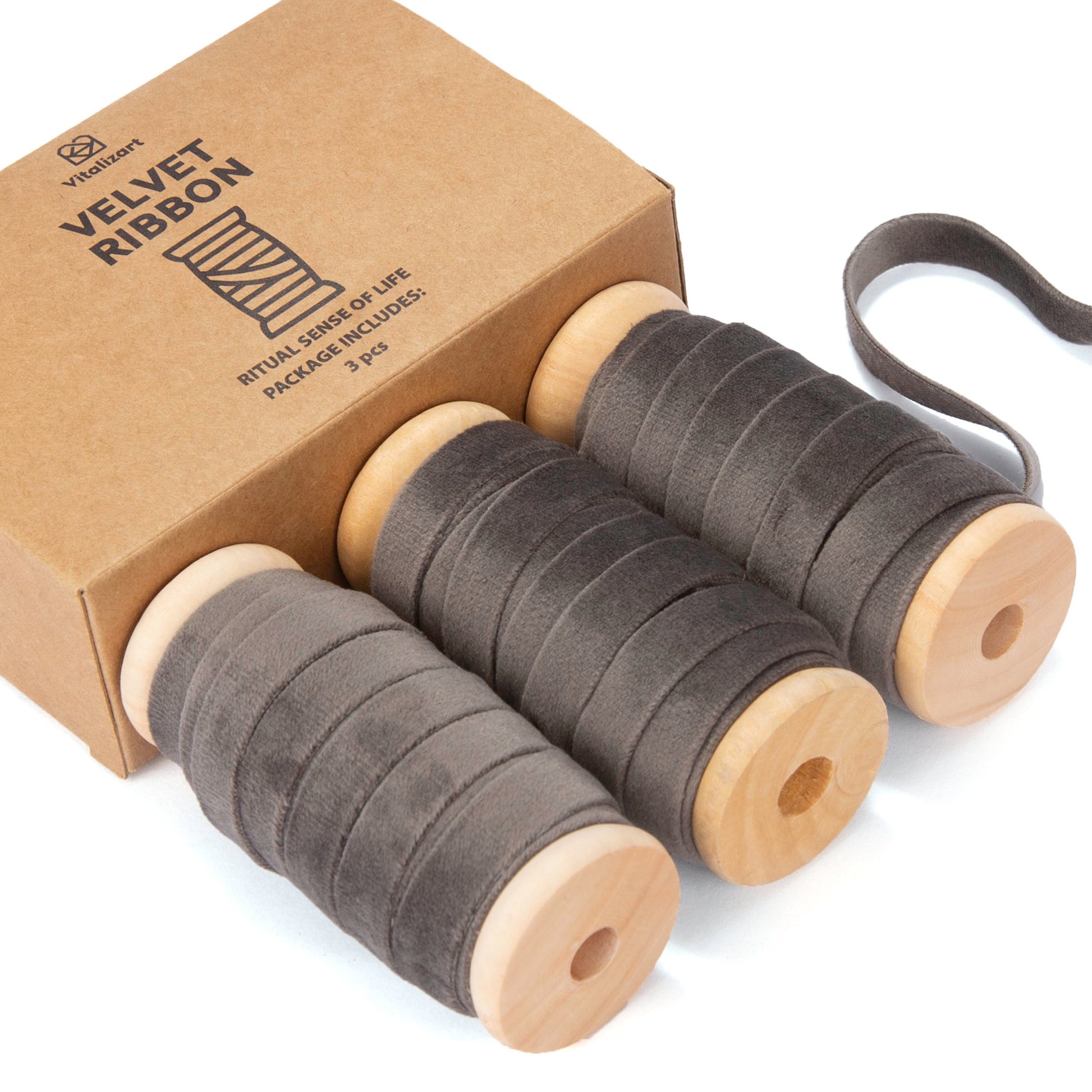 Velvet Ribbon With Wooden Spool 3/8" x 15 Yd (Gray) - Vitalizart