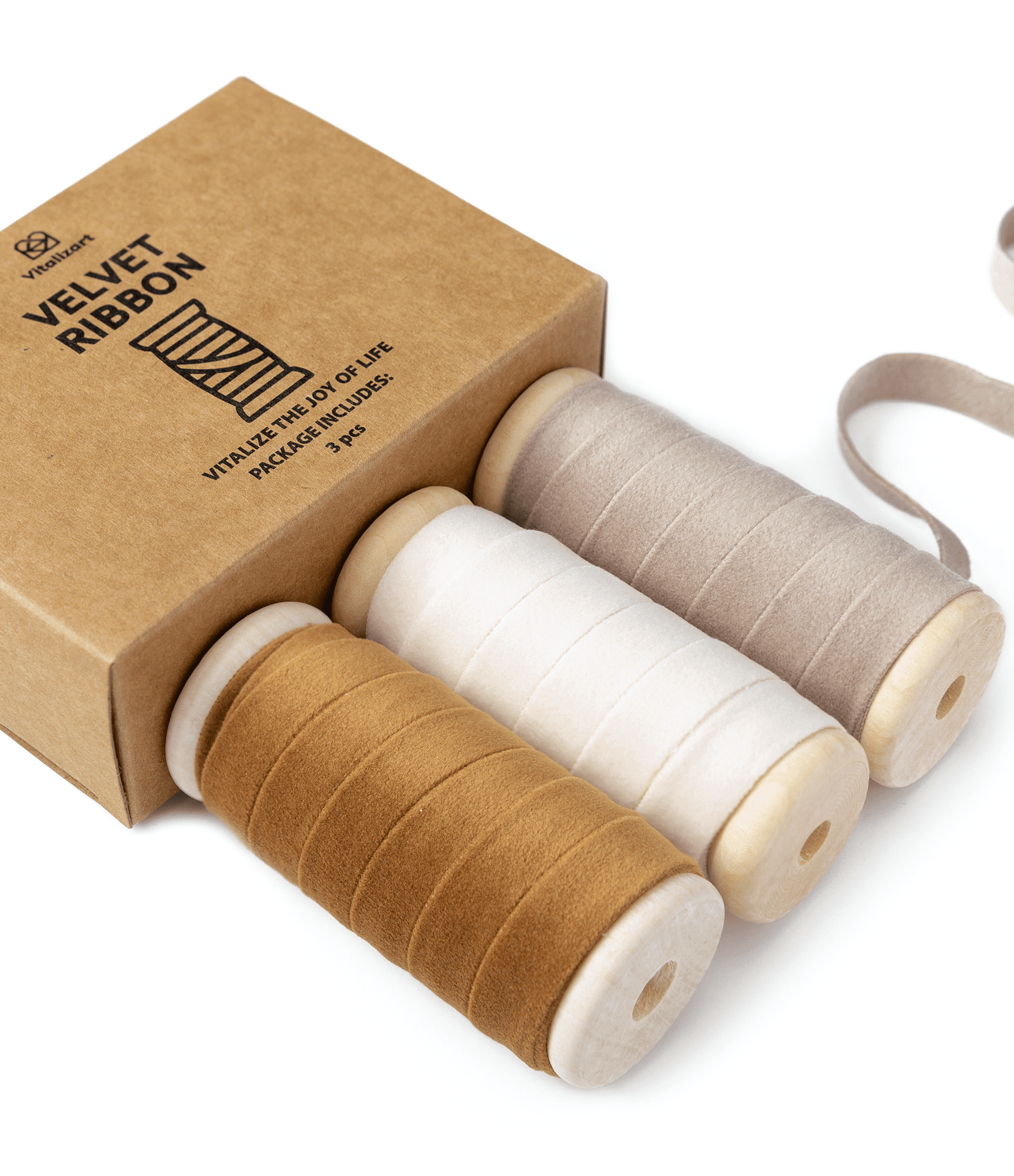 Velvet Ribbon With Wooden Spool 3/8" x 15 Yd (Khaki Ivory & Nude) - Vitalizart