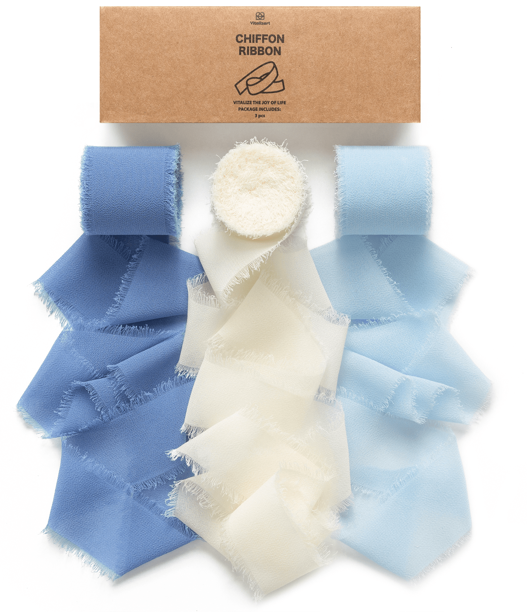 Fringe Chiffon Silk Ribbon 1 1/2 Inch x 21Yd (White & Blue) - Vitalizart