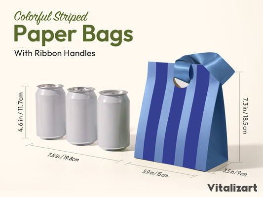 Blue-Color Striped Paper Small Gift Bags with Ribbon Handles — Set of 10 - Vitalizart