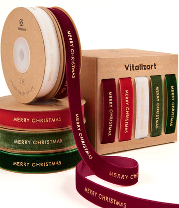 Vitalizart Velvet Ribbon 5/8" x 25 Yd, Christmas Ribbon Set, Rustic Gift Wrapping Ribbon for Crafts, Bows & Holiday Decor (Merry Christmas Ribbon)
