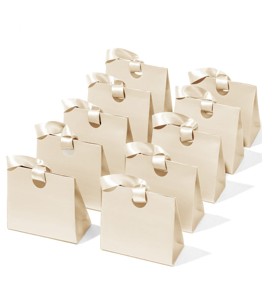 Vitalizart Paper Gift Bags With Ribbon Handles Set of 10 Black Bulk Reusable For Gift Wrap Girls Kids Birthday Bridal Shower Party Favors Goodie Bags Candy Christmas 6.1"x2.95"x5.71" Mini(Cream White)