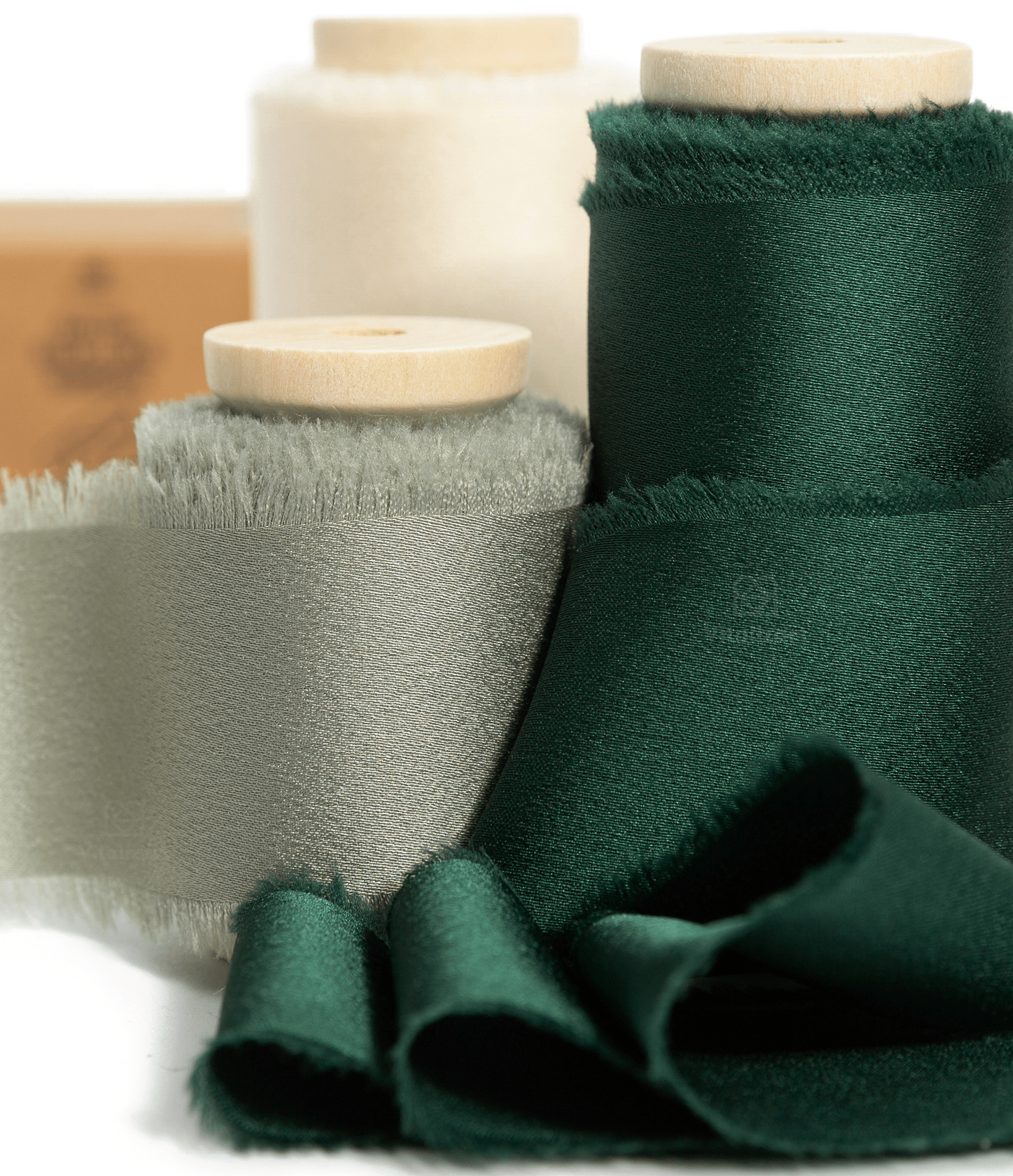 Silk Satin Ribbon with Wooden Spool 1.5” x 15 Yd (Green & Cream) - Vitalizart