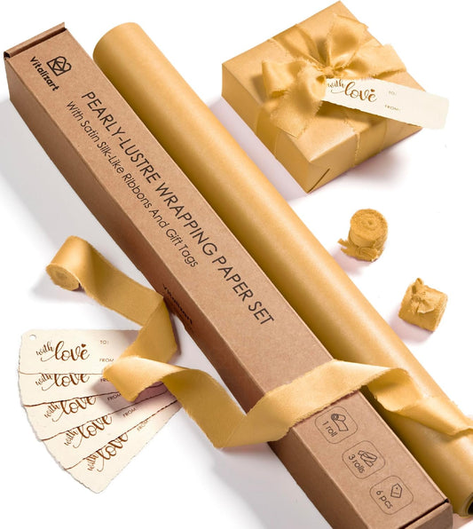 Wrapping Paper Set 17"x197" Pearly-Lustre With Silk Like Satin Ribbon & Gift Tags (Gold Paper & Gold Ribbons)