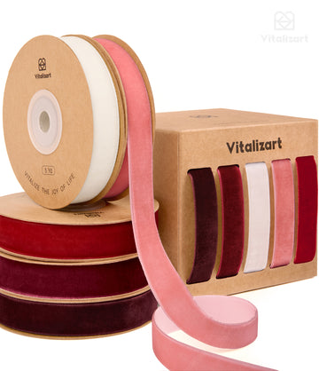 Vitalizart Velvet Ribbon 5/8" x 25 Yd, Christmas Ribbon Set, Rustic Gift Wrapping Ribbon for Crafts, Bows & Holiday Decor (Burgundy & Red)