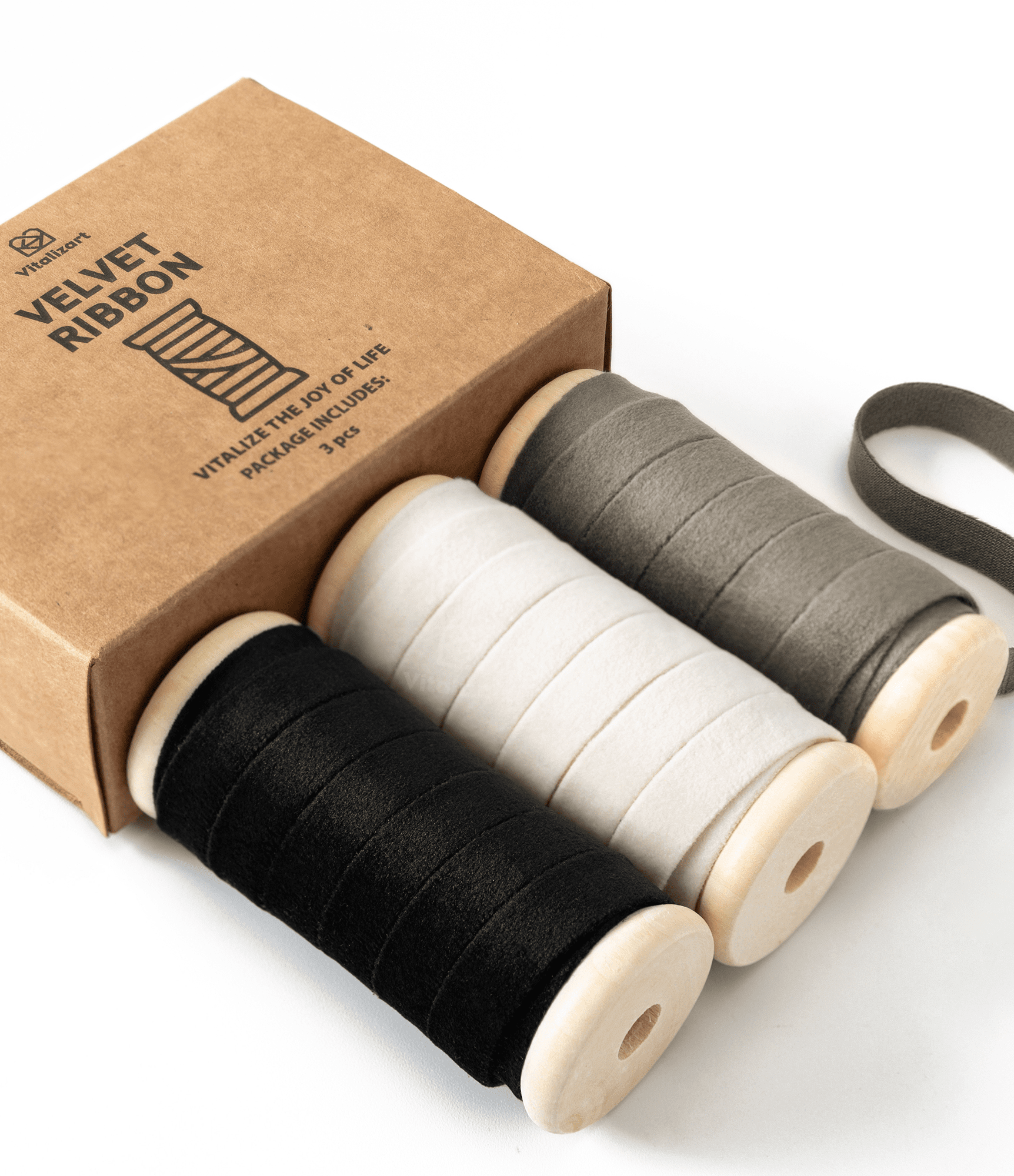 Velvet Ribbon With Wooden Spool 3/8" x 15 Yd (Black Gray & White) - Vitalizart