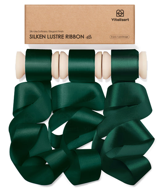 Vitalizart Silken Lustre Ribbon 1" x 15 Yards, Champagne & Nude Silky Satin Ribbon with Subtle Sheen (Dark Green) - Vitalizart