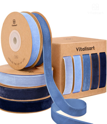 Vitalizart Velvet Ribbon 5/8" x 25 Yd, Christmas Ribbon Set, Rustic Gift Wrapping Ribbon for Crafts, Bows & Holiday Decor (Navy & Dusty Blue)