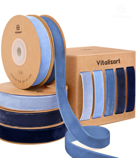 Vitalizart Velvet Ribbon 5/8" x 25 Yd, Christmas Ribbon Set, Rustic Gift Wrapping Ribbon for Crafts, Bows & Holiday Decor (Navy & Dusty Blue) - Vitalizart