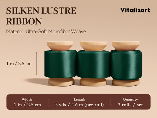 Vitalizart Silken Lustre Ribbon 1" x 15 Yards, Champagne & Nude Silky Satin Ribbon with Subtle Sheen (Dark Green) - Vitalizart