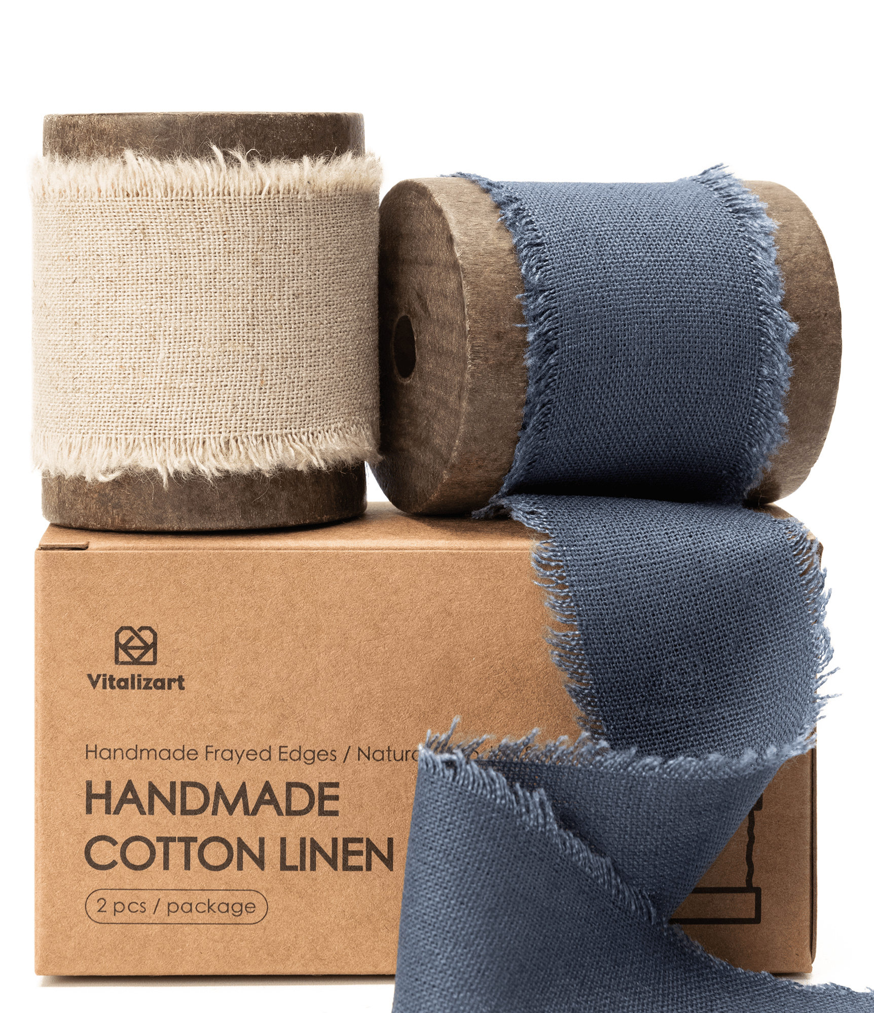 Cotton Linen Ribbon 1.5" x 10Yd (Beige & Blue) - Vitalizart