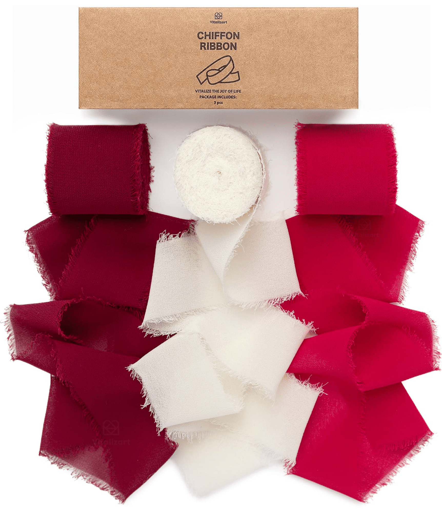 Fringe Chiffon Silk Ribbon 1 1/2 Inch x 21Yd (Burgundy & White) - Vitalizart