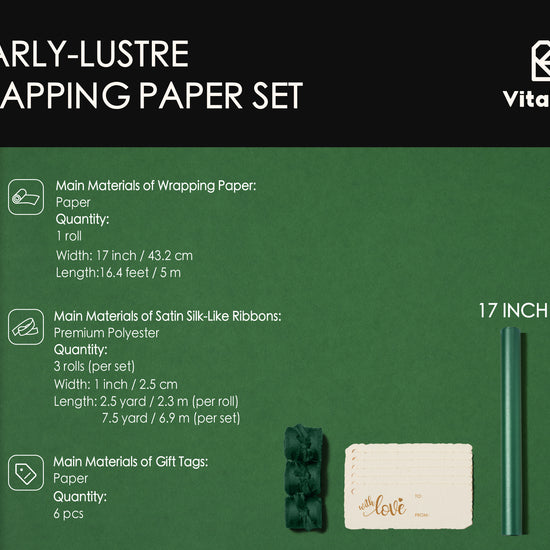 Wrapping Paper Set 17"x197" Pearly-Lustre With Silk Like Satin Ribbon & Gift Tags ( Green Paper & Green Ribbons) - Vitalizart