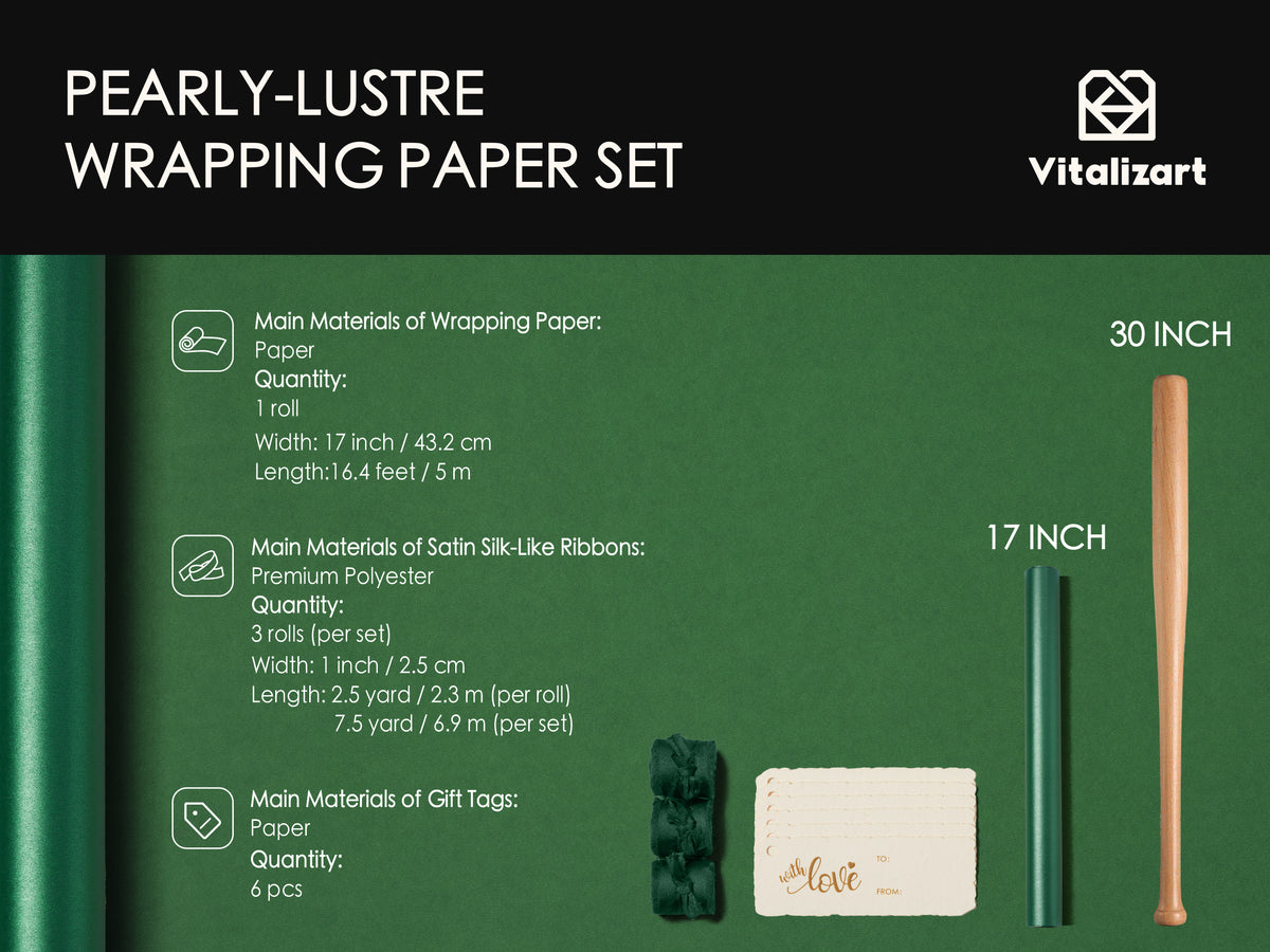 Wrapping Paper Set 17"x197" Pearly-Lustre With Silk Like Satin Ribbon & Gift Tags ( Green Paper & Green Ribbons) - Vitalizart
