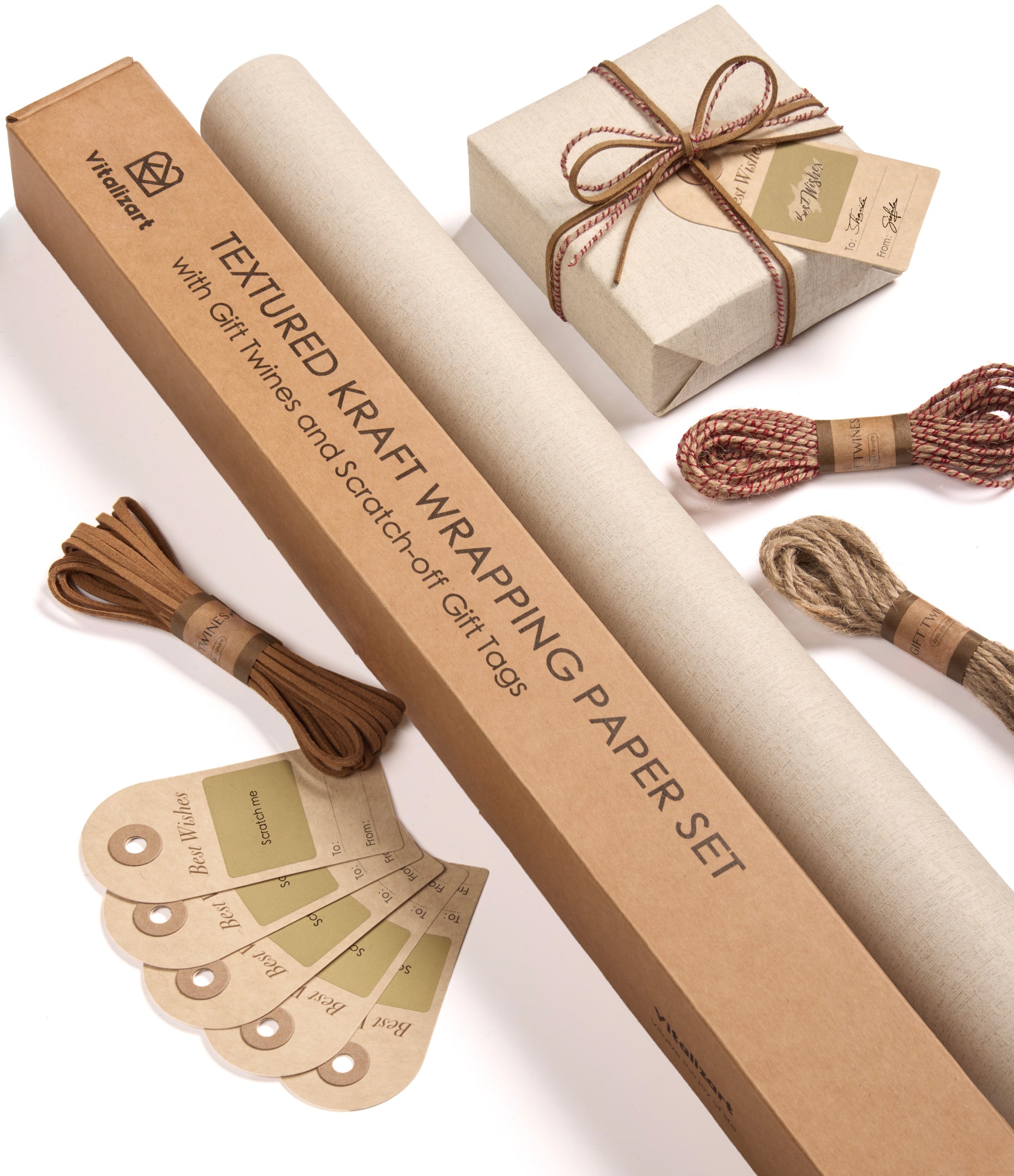 Vitalizart Textured Wrapping Paper Set 30" Roll Twine Ribbons & Tags Eco - Friendly Extra Thick(Beige Paper & Twine Ribbons Set) - Vitalizart
