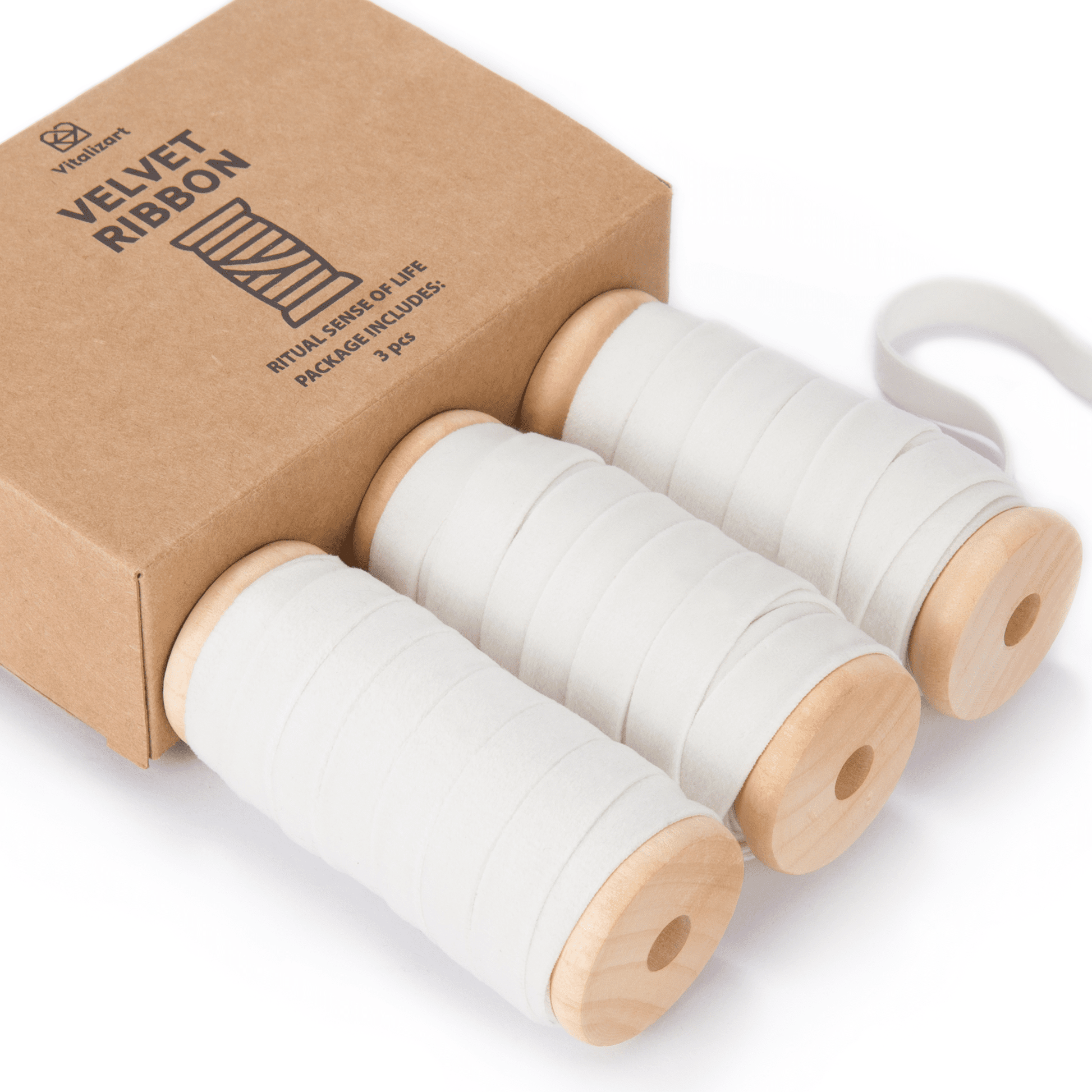Velvet Ribbon With Wooden Spool 3/8" x 15 Yd (White) - Vitalizart