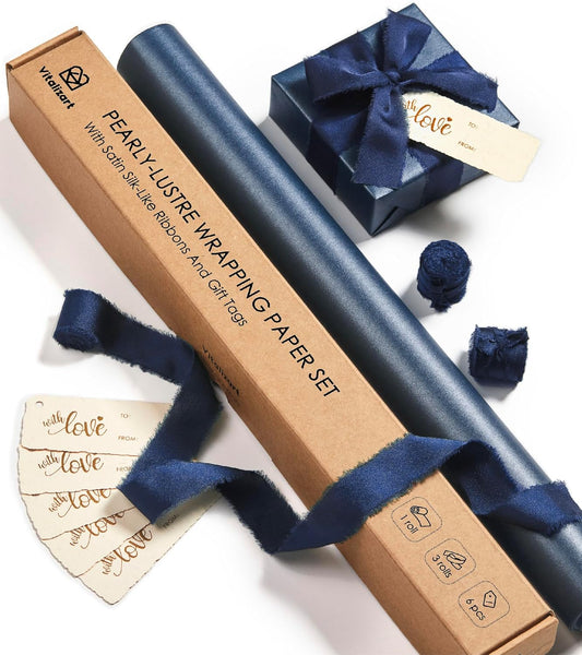 Wrapping Paper Set 17"x197" Pearly-Lustre With Silk Like Satin Ribbon & Gift Tags(Blue Paper & Blue Ribbons)