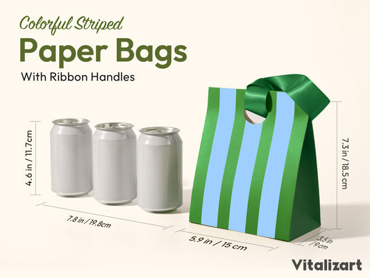 Green-Color Striped Paper Small Gift Bags with Ribbon Handles — Set of 10 - Vitalizart